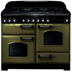 Rangemaster Classic Deluxe 110cm Dual Fuel 100930  Range Cooker in Olive Green with Chrome Trim and FSD Hob